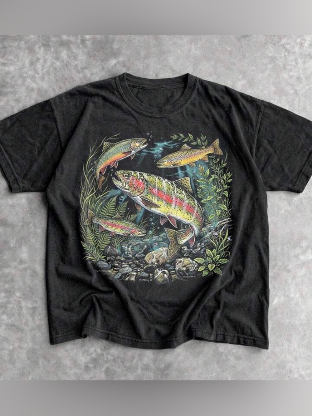 Black T-Shirt with Colorful Rainbow Trout Graphic